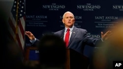 Former Vice President Mike Pence gestures during the "Politics and Eggs" breakfast gathering, Aug. 17, 2022, in Manchester, New Hampshire.
