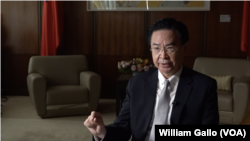 Foreign Minister Joseph Wu speaks with VOA in an exclusive interview from the Taiwanese Ministry of Foreign Affairs in Taipei, Aug. 12, 2022. (William Gallo/VOA)