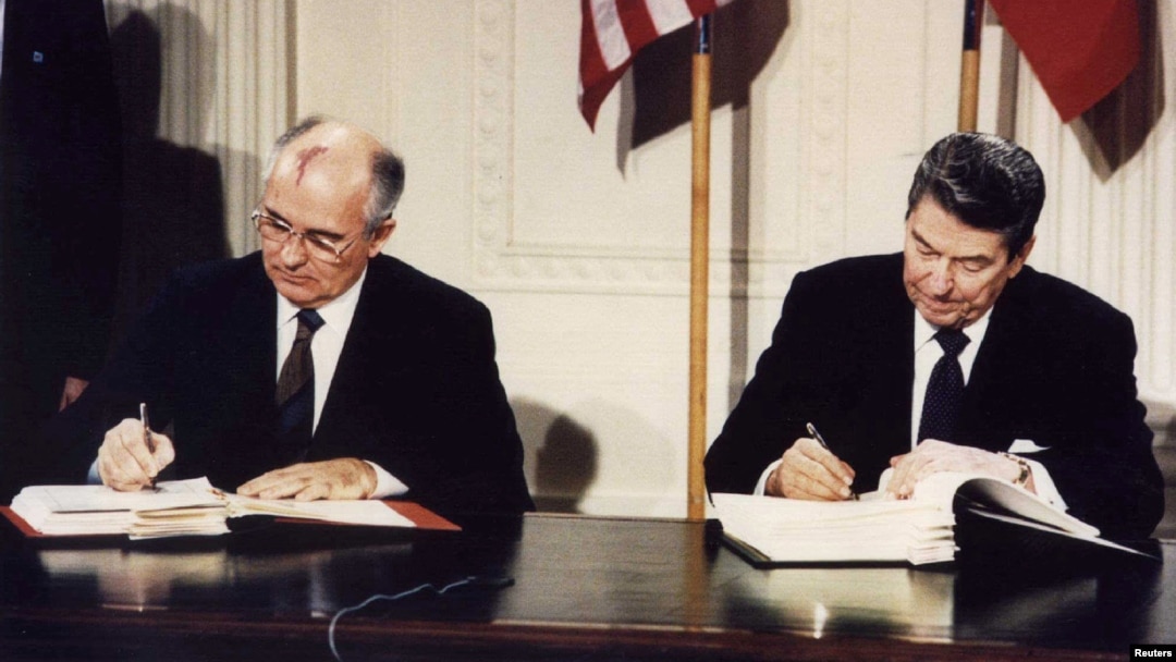 FILE - U.S. President Ronald Reagan and Soviet President Mikhail Gorbachev sign the Intermediate-Range Nuclear Forces treaty in Washington, Dec. 8 1987. Russian President Vladimir Putin wants to resume production of intermediate- and shorter-range nuclear-capable missiles.