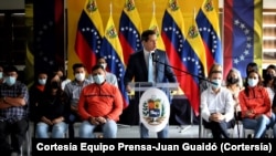 Juan Guaidó, líder opositor venezolano en una conferencia de prensa en Caracas, Vanezuela el 12 de agosto de 2022. [Foto cortesía equipo de prensa JG]