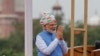 Indian Prime Minister Narendra Modi, greets after addressing the nation at the 17th-century Mughal-era Red Fort on Independence Day in New Delhi, India, Aug.15, 2022.