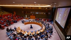 FILE - Ukrainian President Volodymyr Zelenskyy addresses the Security Council via video link during a meeting on threats to international peace and security, Aug.  24, 2022, at United Nations headquarters.