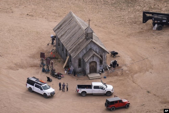 FILE - This aerial photo shows part of the Bonanza Creek Ranch film-set in Santa Fe, N.M., on Oct. 23, 2021. (AP Photo/Jae C. Hong, File)