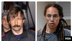 美俄交换囚犯，俄罗斯释放美国篮球明星布里特尼·格里纳（右，Brittney Griner），以换取被美国释放被监禁的俄罗斯军火贩子维克多.布特（左，Viktor Bout）。（2022年12月8日）