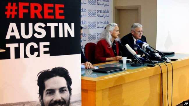 FILE - Marc and Debra Tice, the parents of Austin Tice, who is missing in Syria, speak during a press conference, at the Press Club, in Beirut, Lebanon, Dec. 4, 2018.