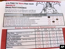 This July 28, 2022, photo shows a ballot for a mock election where people ranked the performances by drag performers at Cafecito Bonito in Anchorage in Anchorage, Alaska.