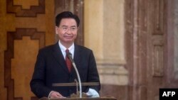 FILE - Taiwan's foreign minister, Joseph Wu, speaks in Prague, Oct. 27, 2021.