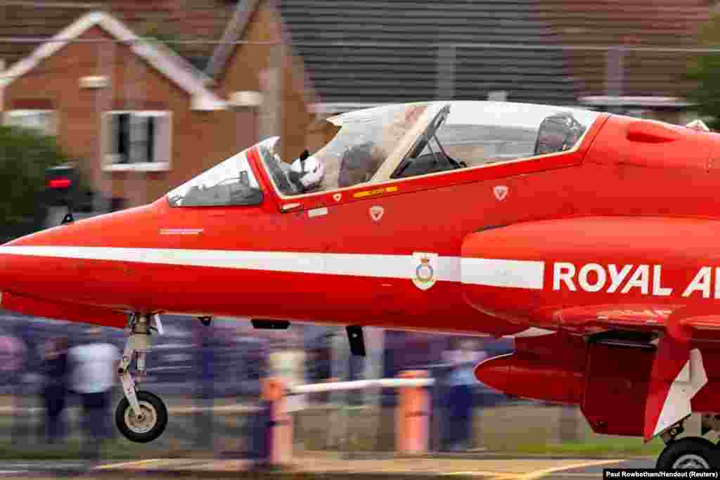 Damaged RAF Red Arrow jet is seen after being hit by a bird at Rhyl Air Show in FLintshire, Wales, Britain.