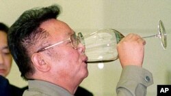 지난 2000년 8월 평양에서 북한의 김정일 국방위원장이 한국 언론인들을 위해 마련한 만찬에서 축배를 들고 있다. (자료사진)