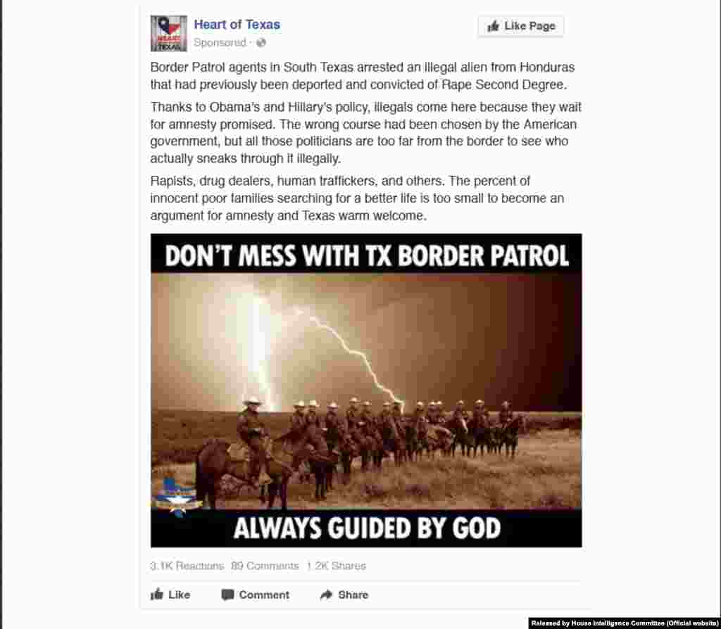 Facebook reklamı. 4 avqust, 2016; Hədəflənən yaş: 18-65+; Hədəflənən məkan: Texas