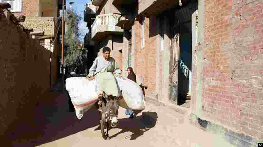 Other children also help out, using a common mode of transport, Kafr Torky, February 13, 2011 (VOA photo - E. Arrott)
