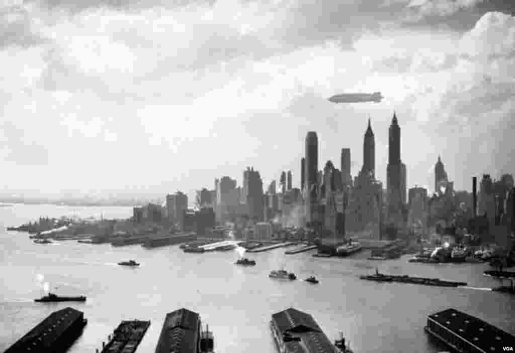 Qəzaya uğramazdan bir neçə saat öncə Hindenburqun Manhattan üzərindən uçarkən çəkilmiş fotosu. 6 may, 1937.