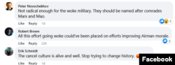 Screenshot of comments in response to Fairchild Air Force Base facebook post on name changes.