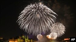 Fireworks illuminate the skies over Budapest, Hungary, Aug. 27, 2022. 