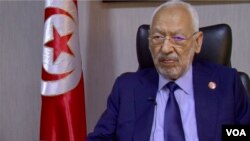 Ennahdha leader Rached Ghannouchi during a recent interview with VOA. (Lisa Bryant/VOA)