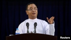 FILE PHOTO: Myanmar's military junta spokesman Zaw Min Tun speaks  in Naypyitaw, Myanmar, March 23, 2021. On Wednesday, Myanmar's military leadership lashed out at the ASEAN grouping of Southeast Asian countries for excluding its generals from regional gatherings.