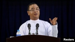 FILE - Myanmar's military junta spokesman, Major General Zaw Min Tun, speaks during the information ministry's press conference in Naypyitaw, Myanmar, March 23, 2021.