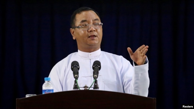 FILE PHOTO: Myanmar's military junta spokesman Zaw Min Tun speaks in Naypyitaw, Myanmar, March 23, 2021. On Wednesday, Myanmar's military leadership lashed out at the ASEAN grouping of Southeast Asian countries for excluding its generals from regional gatherings.