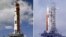 El cohete Saturno V con la nave espacial Apolo 12 a bordo en el Centro Espacial Kennedy en 1969, izquierda. A la derecha el cohete de la NASA para el programa Artemis con la nave espacial Orion en el Centro Espacial Kennedy en Cabo Cañaveral, Florida, el 18 de marzo de 2022. 