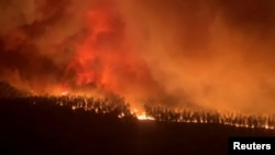Flames engulf trees during a fire in Hostens, as wildfires continue to spread in the Gironde region of southwestern France, in this screen grab taken from a handout video, Aug. 9, 2022.