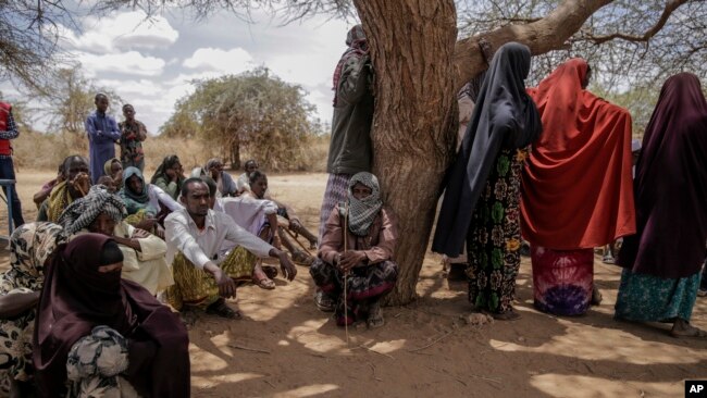 Villagers gather during a visit by World Food Program chief David Beasley, in the village of Wagalla in northern Kenya Friday, Aug. 19, 2022. (AP Photo/Brian Inganga)