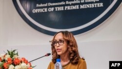 FILE - Billene Seyoum, Ethiopia's press secretary of the Office of the Prime Minister, addresses the press during a press briefing at the prime minister's office in Addis Ababa, June 03, 2021.