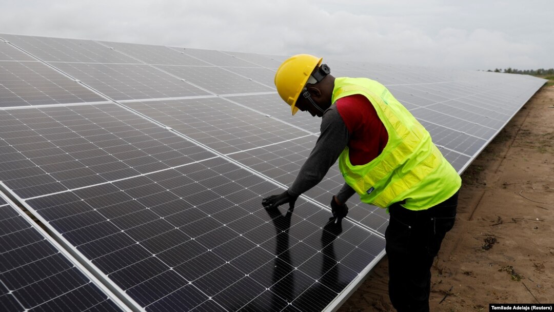 FILE: A technician works on solar power panels at the Atlantic Shrimpers farm in Badagry, Lagos, Nigeria. Taken July 5, 2022.