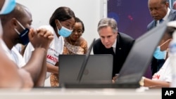Secretary of State Antony Blinken visits an election transparency hackathon event at the Kinshasa Digital Academy in Kinshasa, Congo, Aug. 10, 2022, prior to traveling to Rwanda later in the day.