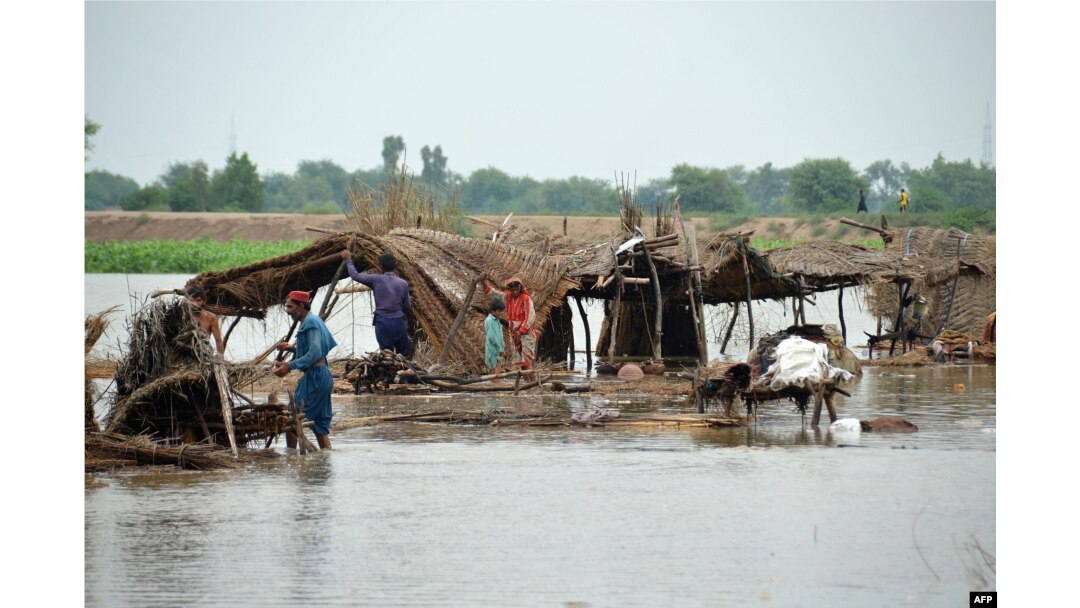 Penduduk desa mencari barang-barang mereka setelah gubuk mereka hancur diterjang banjir di distrik Jaffarabad, Provinsi Balochistan pada 22 Agustus 2022. (Foto: AFP)