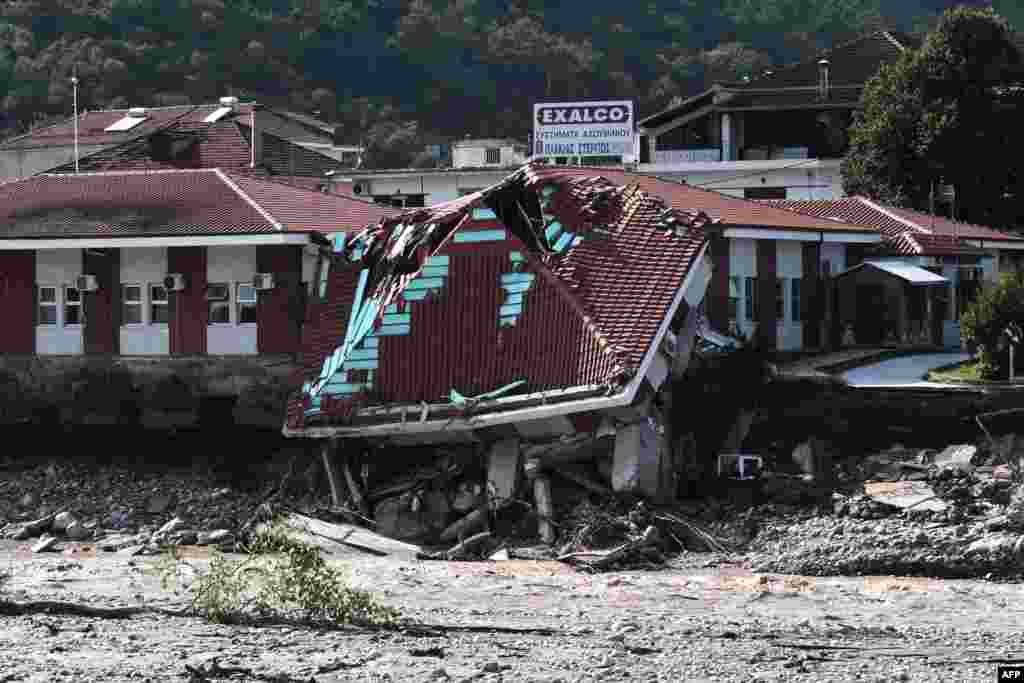 A heavily damaged health center in Mouzaki, central Greece, after the floods caused by the Mediterranean hurricane (Medicane) Ianos.