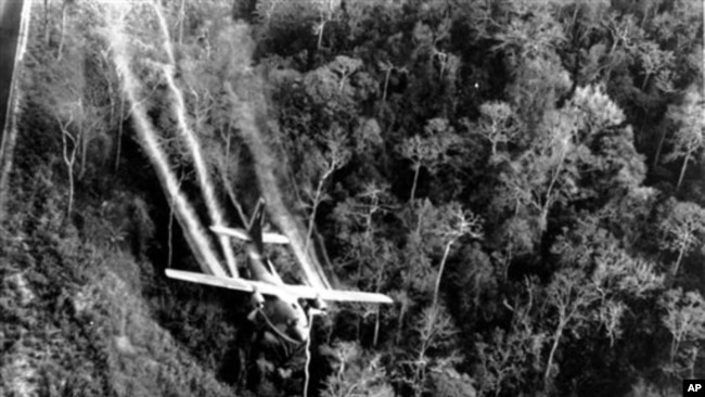 ARQUIVO - Nesta foto de arquivo de maio de 1966, um C-123 da Força Aérea dos EUA voa baixo ao longo de uma rodovia sul-vietnamita pulverizando desfolhantes na densa floresta ao lado da estrada para eliminar locais de emboscada durante a Guerra do Vietnã.