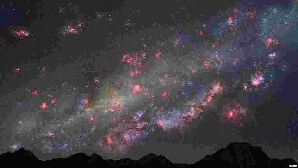 Artist's view of night sky from a hypothetical planet within a young Milky Way-like galaxy. The Milky Way’s star-birthing frenzy peaked ten billion years ago. Pink clouds of gas harbor newborn stars, and bluish-white, young star clusters litter the landscape.