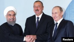 Хасан Роухани, Ильхам Алиев и Владимир Путин. Баку, Азербайджан. 8 августа 2016 г.