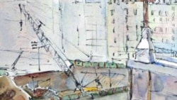 A watercolor by Aggie Kenny of workers at ground zero