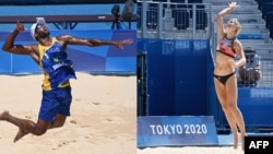 Image composite de tenues de beach-volley pour hommes et femmes lors des jeux olympiques de Tokyo 2020.