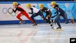 From left, Li Jianrou of China, Elise Christie of Britain, Arianna Fontana of Italy and Park Seung-hi of South Korea start in a women's 500m short track speedskating final at the Iceberg Skating Palace during the 2014 Winter Olympics in Sochi, Russia, Feb. 13, 2014.