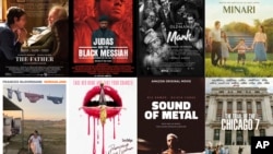 This combination photo shows poster art for best picture Oscar nominees, top row from left, "The Father," "Judas and the Black Messiah," "Mank," "Minari," bottom row from left, "Nomadland," "Promising Young Woman," Sound of Metal," and The Trial of the Ch