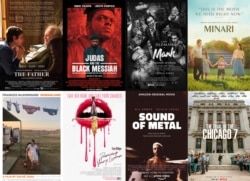 This combination photo shows poster art for best picture Oscar nominees, top row from left, "The Father," "Judas and the Black Messiah," "Mank," "Minari," bottom row from left, "Nomadland," "Promising Young Woman," Sound of Metal," and The Trial of the Ch