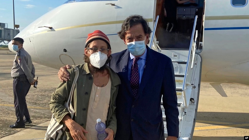 In this photo provided by the Richardson Center, former U.S. Ambassador to the U.N. Bill Richardson, right, poses with journalist Danny Fenster in Naypyitaw, Myanmar, Nov. 15, 2021.