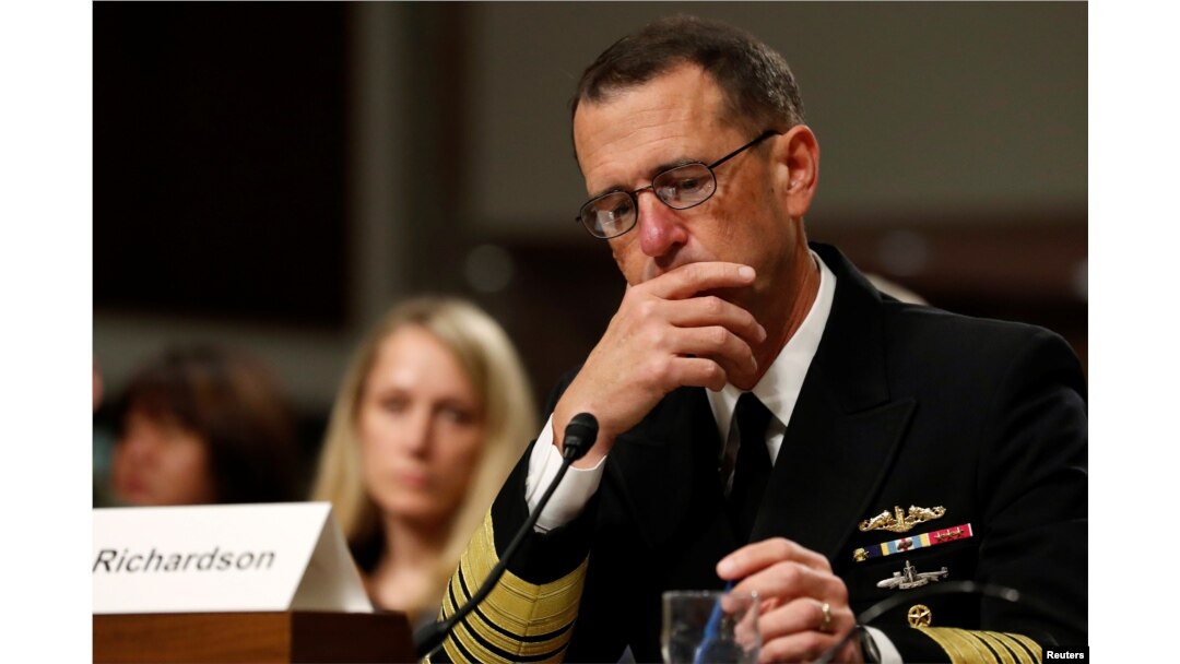U.S. Navy Admiral John Richardson, the chief of naval operations, testifies during a Senate Armed Services Committee hearing on recent fatal Navy ship collisions at sea, on Capitol Hill in Washington, Sept. 19, 2017.