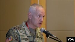 Brigadier General Jon Jensen, deputy commanding officer for U.S. Army Africa, speaks during the opening of military training exercise in Lilongwe, Malawi, Aug. 2, 2016. (L. Masina/VOA)