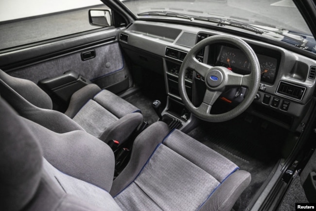 The interior of a 1985 Ford Escort RS Turbo S1 car formerly driven by the late Princess Diana, offered for sale via Silverstone Auctions on August 27, 2022, is seen in this undated handout photo taken in an unknown location. (Silverstone Auctions/Handout)