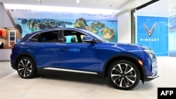 FILE - The VF-8 electric vehicle from VinFast, a Vietnamese automaker producing electric cars and SUVs, is on display at a showroom in Santa Monica, Calif., July 18, 2022.