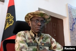FILE - Major General Lucky Irabor speaks to media during an interview in Maiduguri, Nigeria, Feb. 15, 2017.