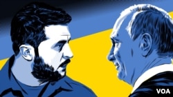 乌克兰总统泽连斯基和俄罗斯总统普京的合成肖像。（美国之音制作）