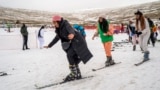 First time skiers take a lesson at the Afriski ski resort near Butha-Buthe, Lesotho, Saturday July 30, 2022.  (AP Photo/Jerome Delay)