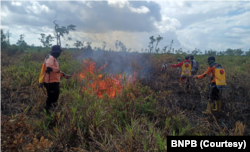 Petugas memadamkan area kebakaran lahan di Kabupaten Sukamara, Provinsi Kalimantan Tengah, Kamis, (18/8). (Foto: BNPB)