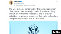Trang Twitter chính thức của Người phát ngôn Bộ Ngoại giao Hoa Kỳ Ned Price, 25/8/2022.
