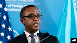 Rwanda's Minister of Foreign Affairs Vincent Biruta speaks during a news conference with Secretary of State Antony Blinken at the Ministry of Foreign Affairs and International Cooperation in Kigali, Rwanda, Aug. 11, 2022.