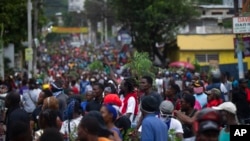 Demonstrators fill the streets during a protest in Port-au-Prince, Haiti, Aug. 22, 2022.